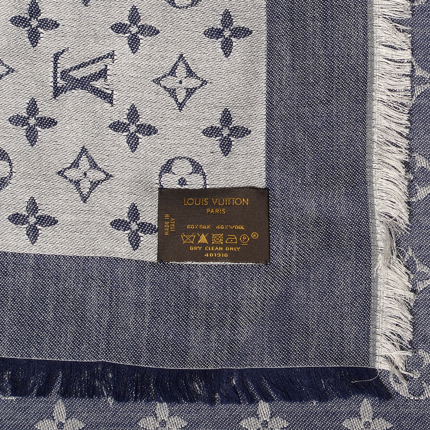 Wool Silk Monogram Denim Shawl Blue