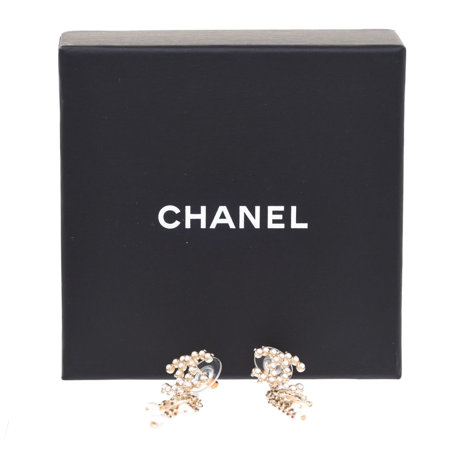Pearl Chain CC Anchor Drop Earrings Pearly White Gold