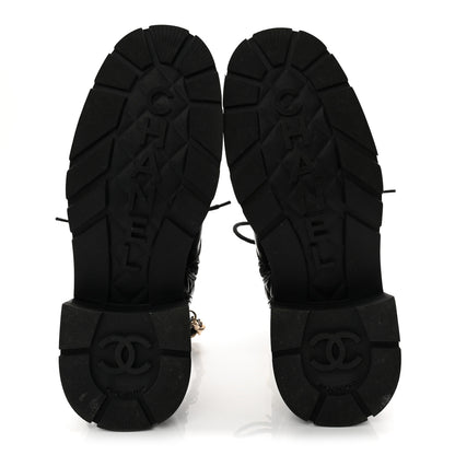 Chanel Shiny Calfskin Patent Quilted Chain Lace Up Combat Boots 38 Black 6 of 10