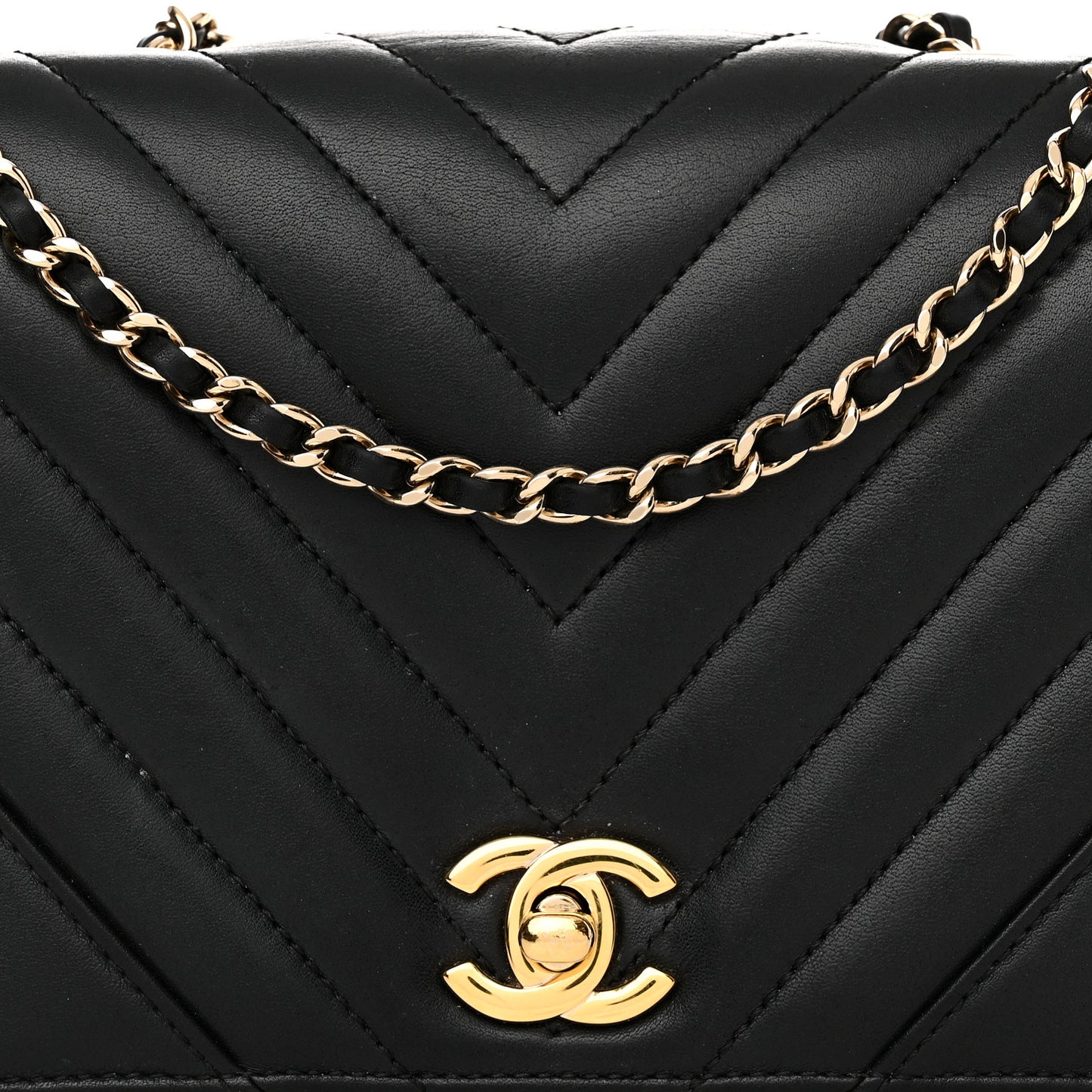 Calfskin Chevron Quilted Small Statement Flap Black