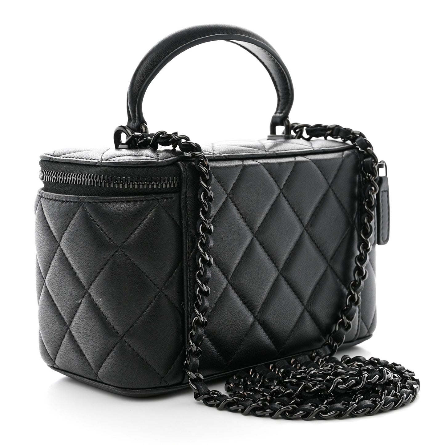 Lambskin Quilted Small Top Handle Vanity Case With Chain So Black