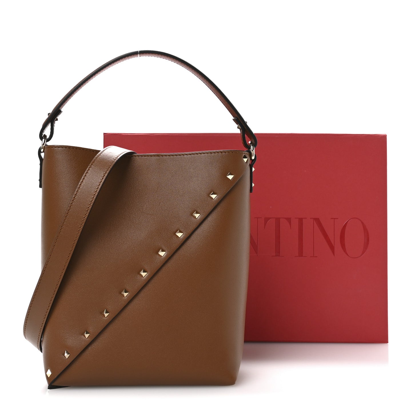 Calfskin Rockstud Wispy Bucket Bag Tobacco