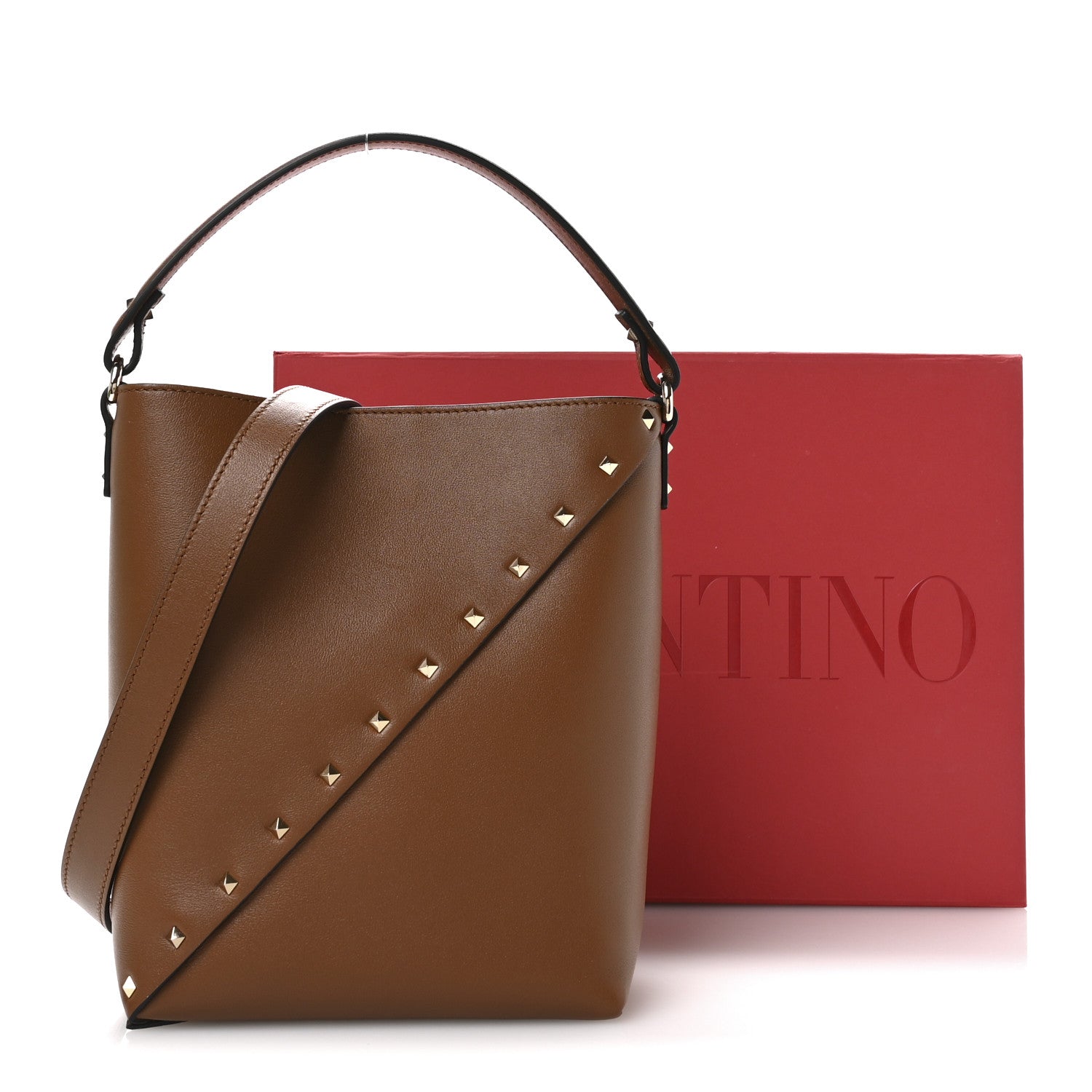 Valentino Garavani Calfskin Rockstud Wispy Bucket Bag Tobacco 10 of 10