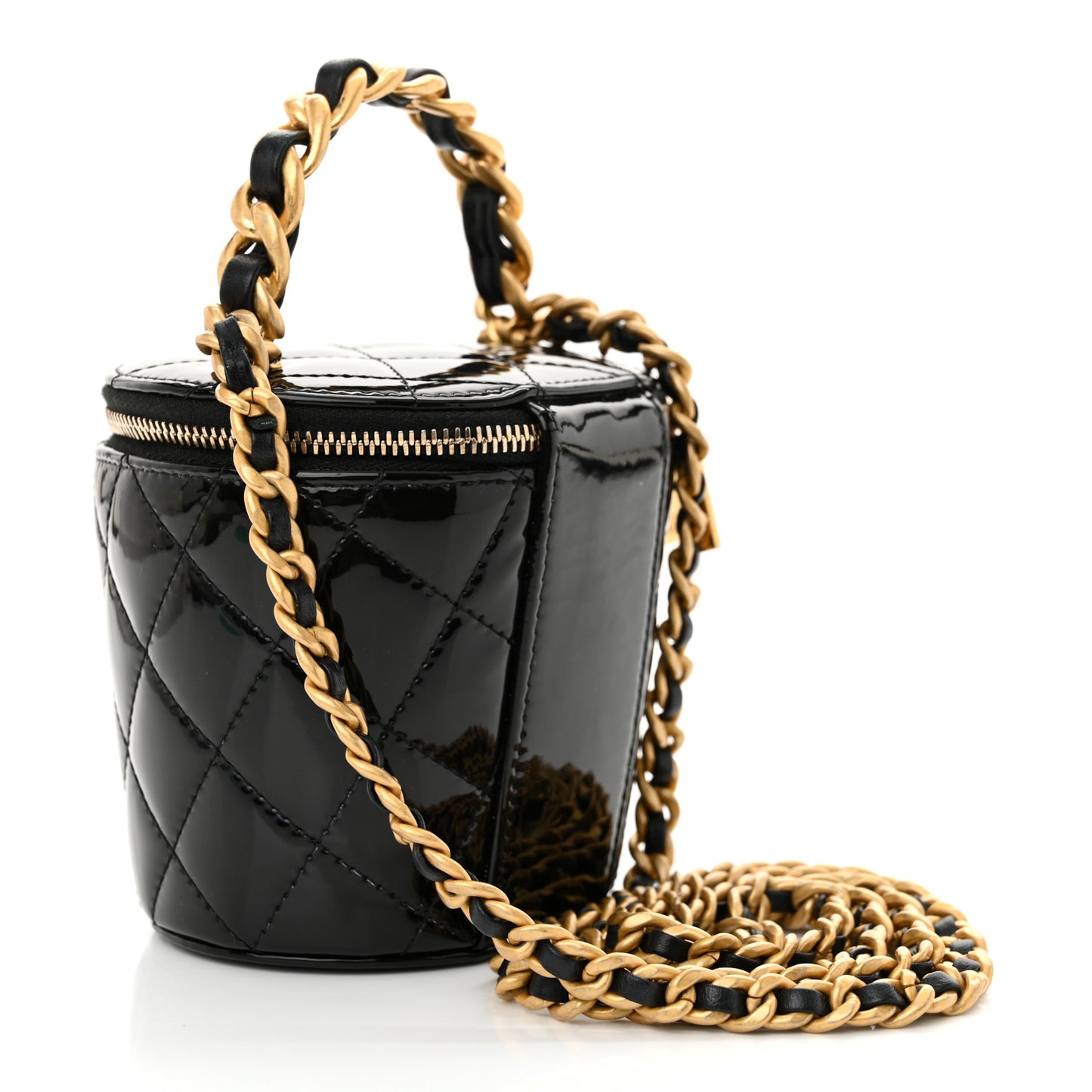 Patent Quilted Afternoon Tea Top Handle Vanity Case With Chain Black