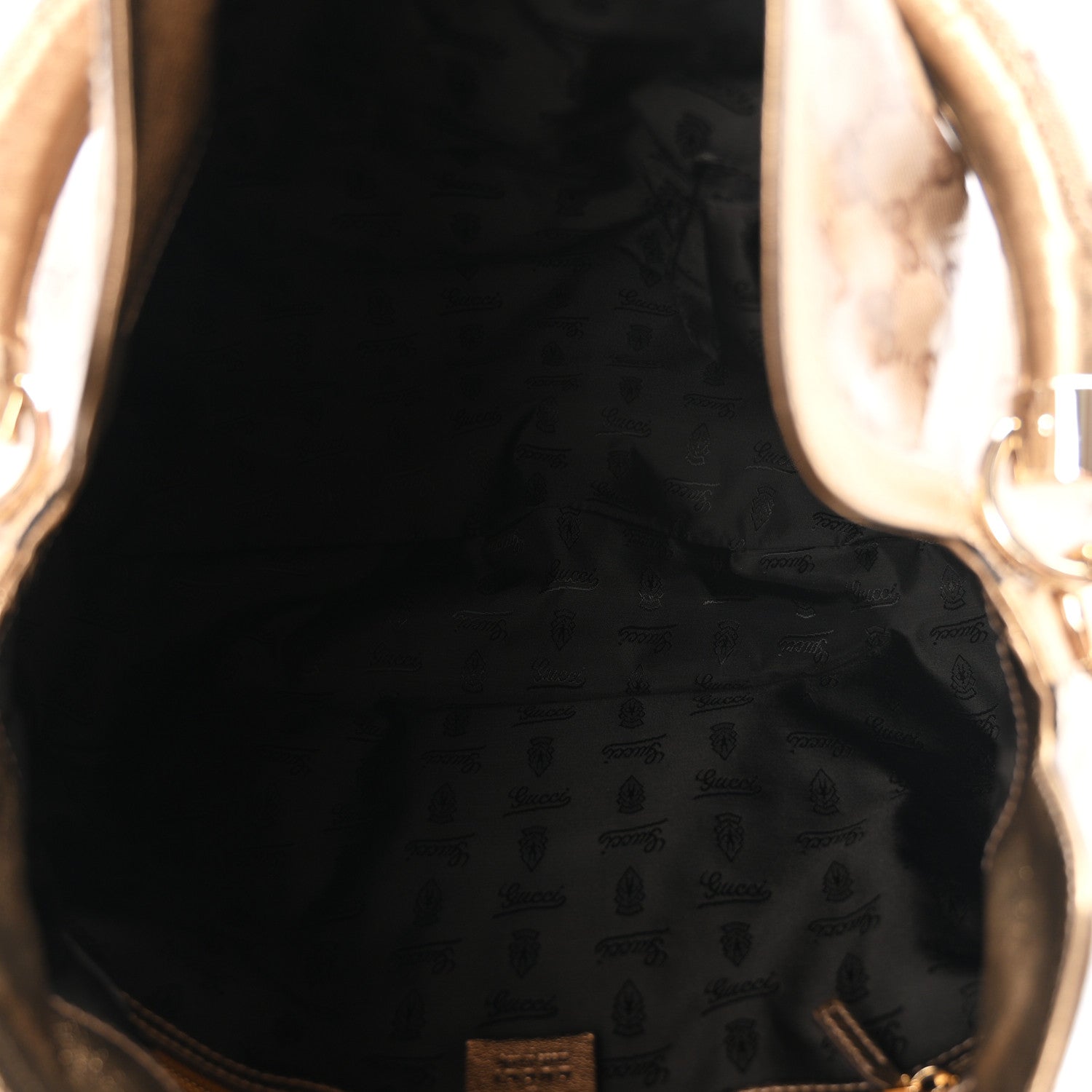 Gucci Crystal Monogram Metallic Calfskin Large Indy Top Handle Bag Beige Ebony Gold 5 of 10