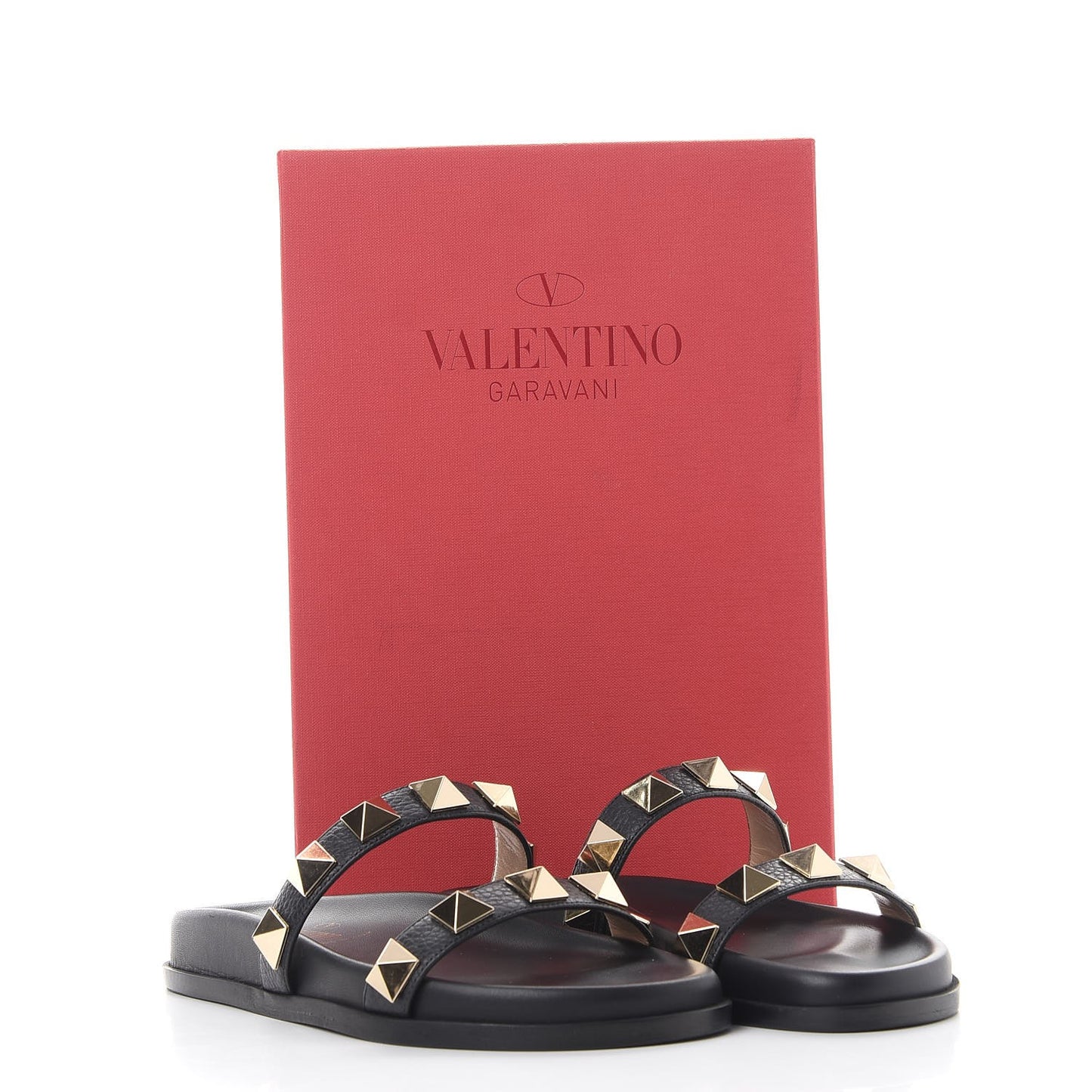 Pebbled Calfskin Macro Rockstud Lock Slide Sandals 35 Black