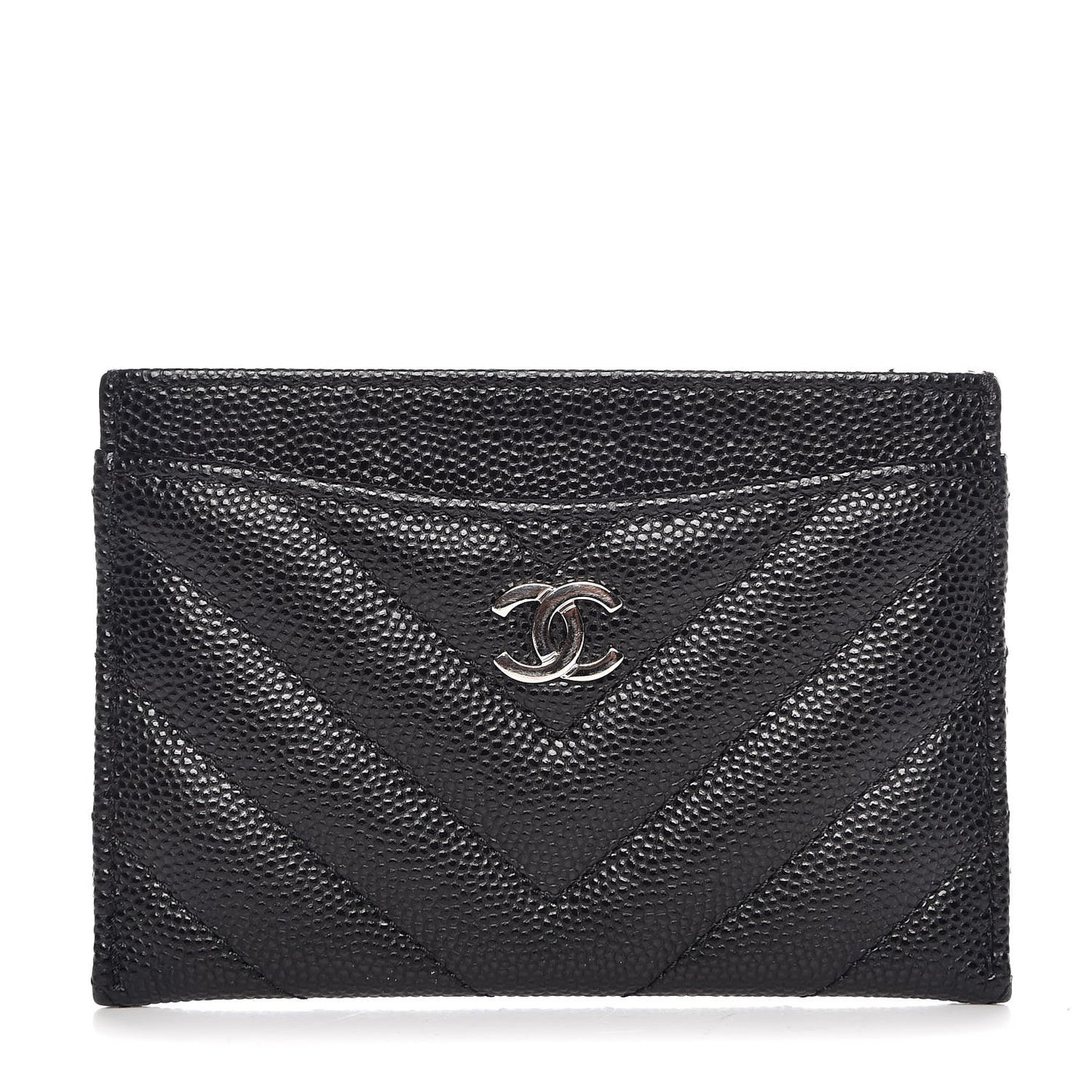 Iridescent Caviar Chevron Quilted Card Holder Black