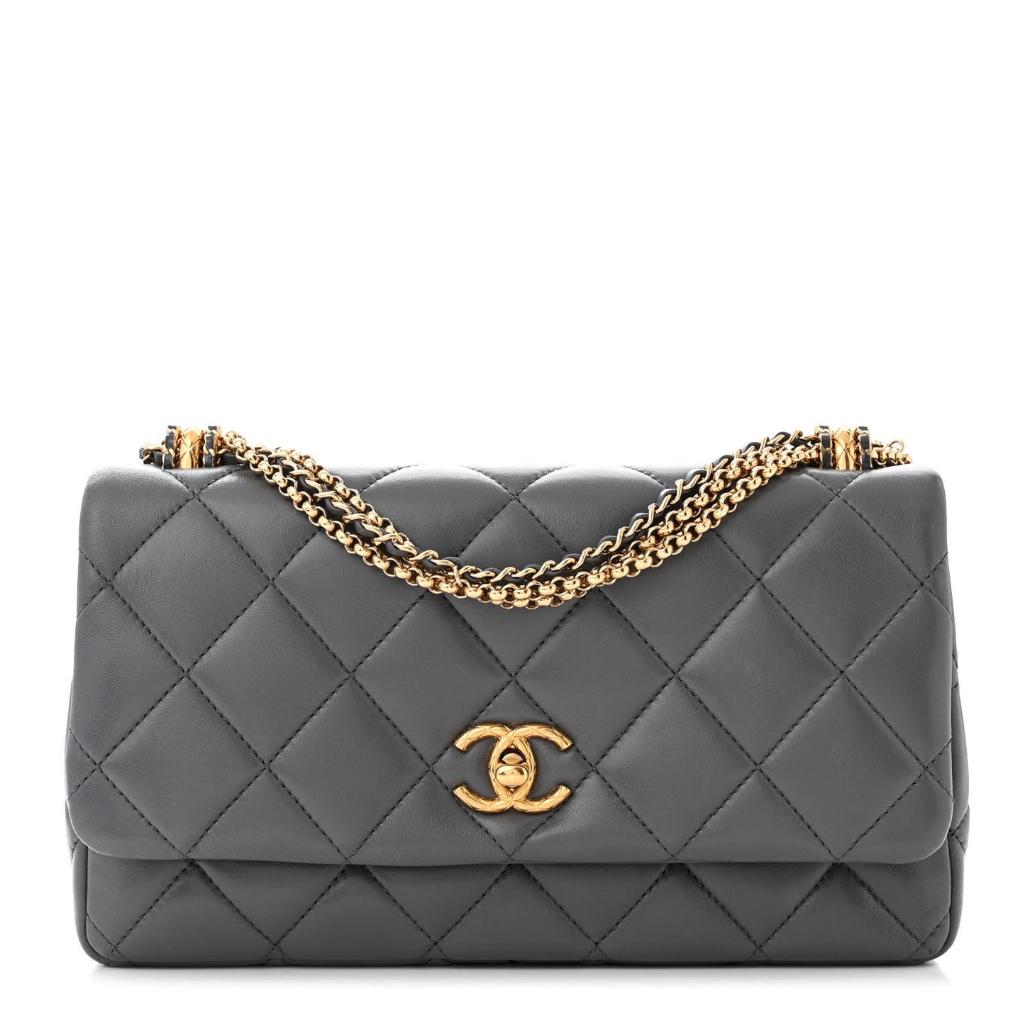 Shiny Lambskin Quilted Multi Stand Flap Grey