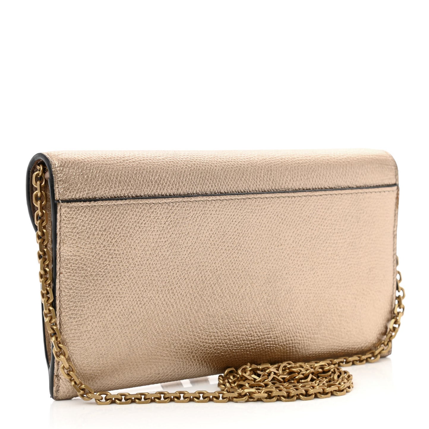 Metallic Grained Calfskin Saddle Chain Wallet Pouch