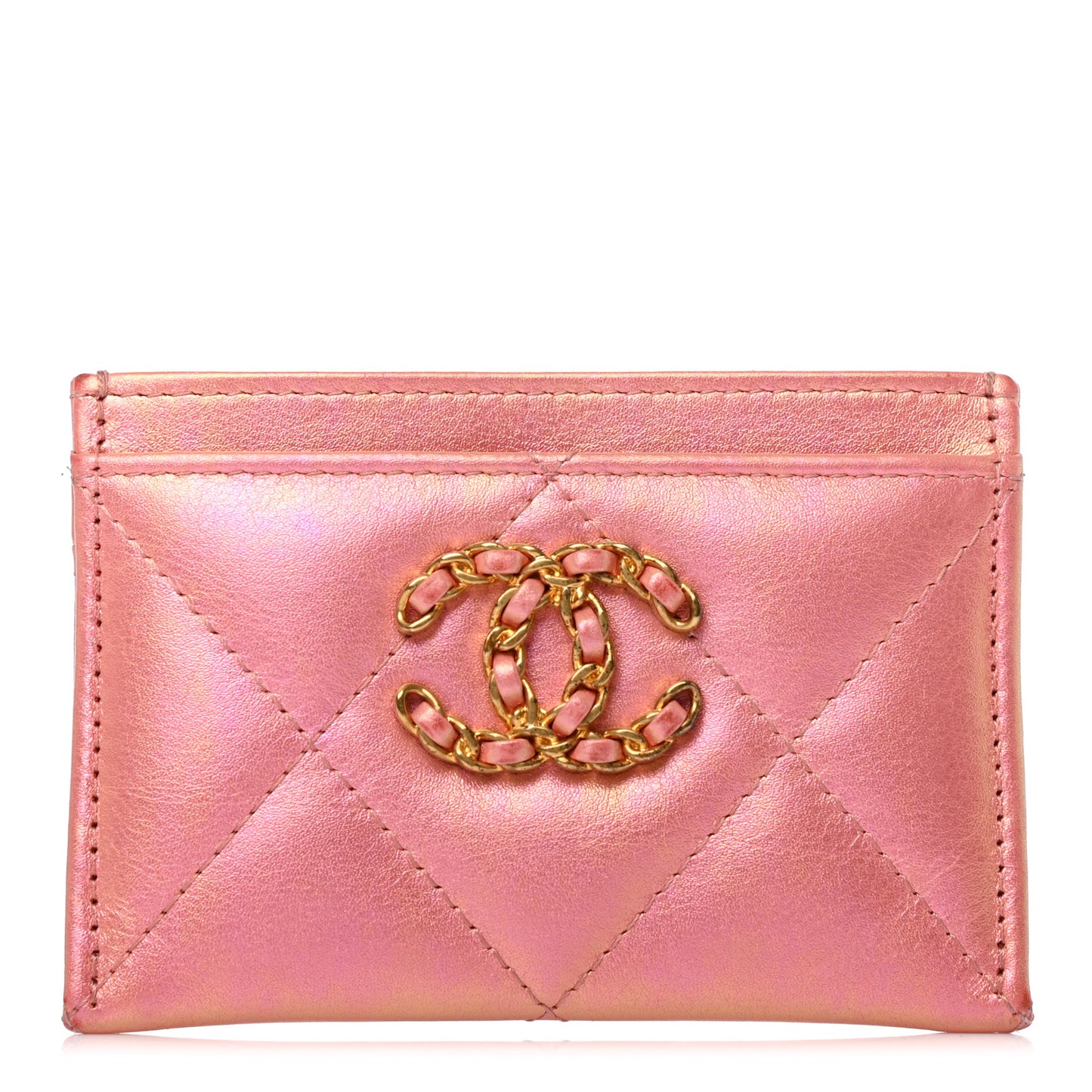 Iridescent Calfskin Quilted Chanel 19 Card Holder Pink