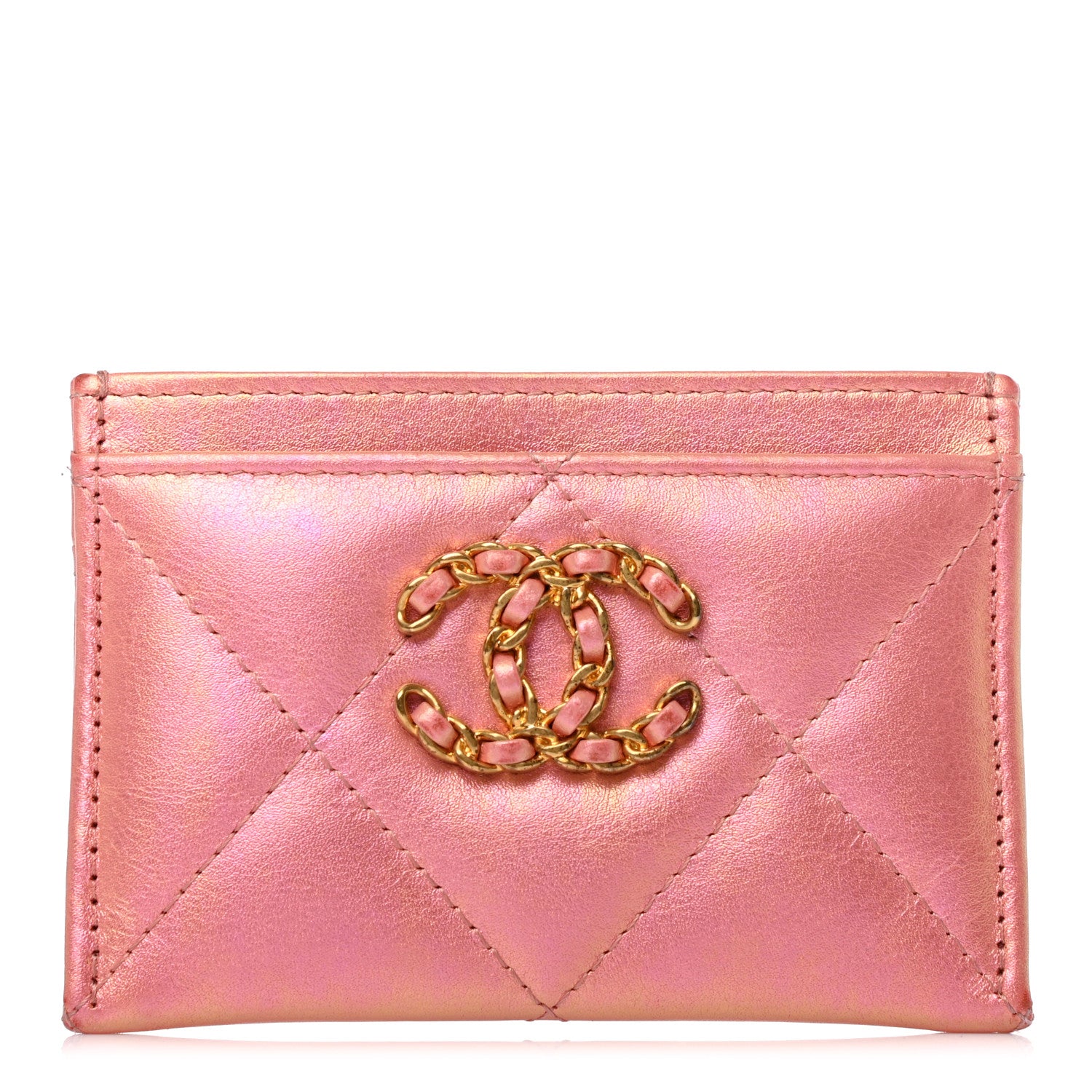 Chanel Iridescent Calfskin Quilted Chanel 19 Card Holder Pink 1 of 7