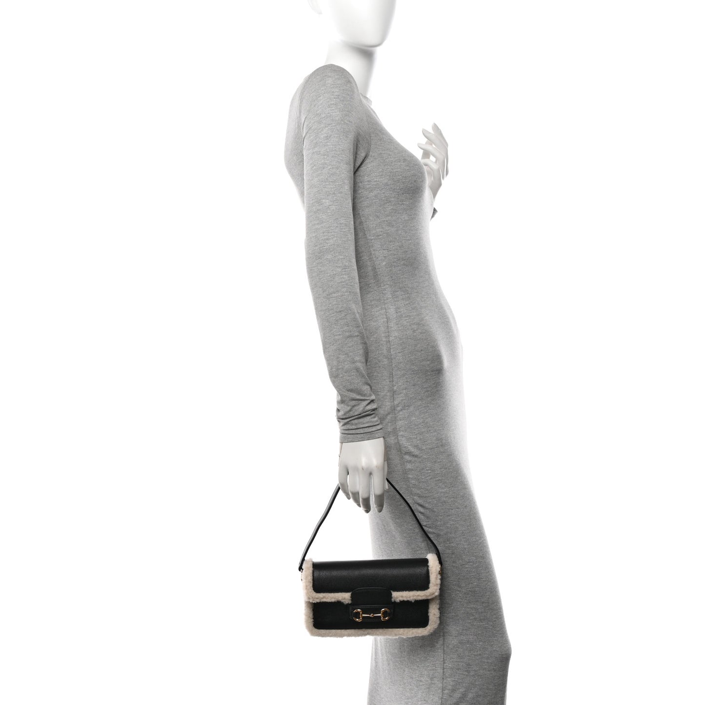 Sakai Be Green Calfskin Shearling Mini Horsebit 1955 Shoulder Bag Black