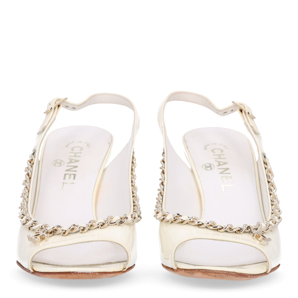 Chanel Patent Chain CC Slingback Sandals 39.5 Beige Black 3 of 10