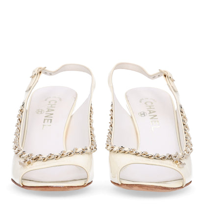 Chanel Patent Chain CC Slingback Sandals 39.5 Beige Black 3 of 10