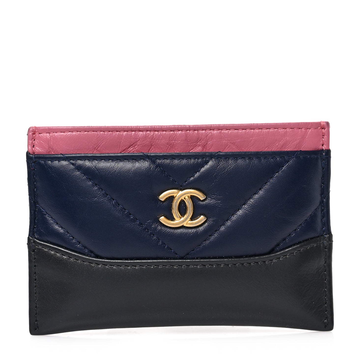 Aged Calfskin Chevron Quilted Gabrielle Card Holder Wallet Pink Navy Charcoal