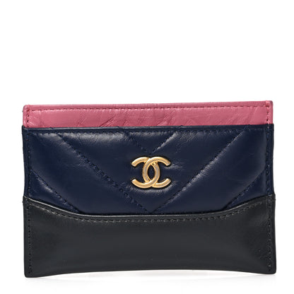 Chanel Aged Calfskin Chevron Quilted Gabrielle Card Holder Wallet Pink Navy Charcoal 1 of 8