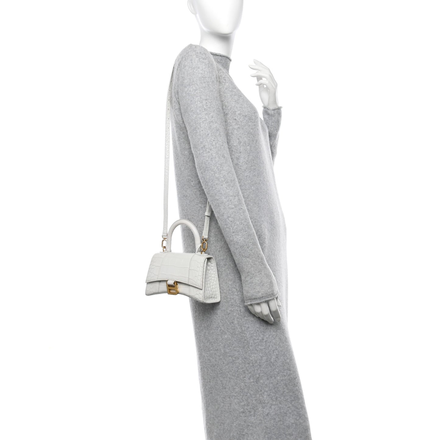 Shiny Calfskin Crocodile Embossed Hourglass Top Handle Bag XS White