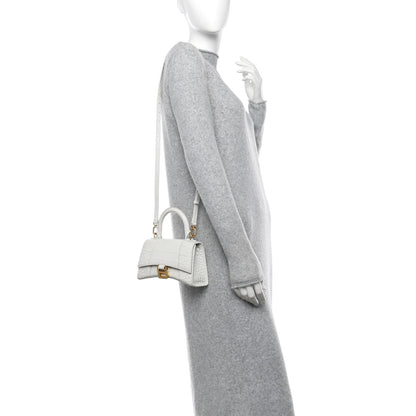 Balenciaga Shiny Calfskin Crocodile Embossed Hourglass Top Handle Bag XS White 2 of 12