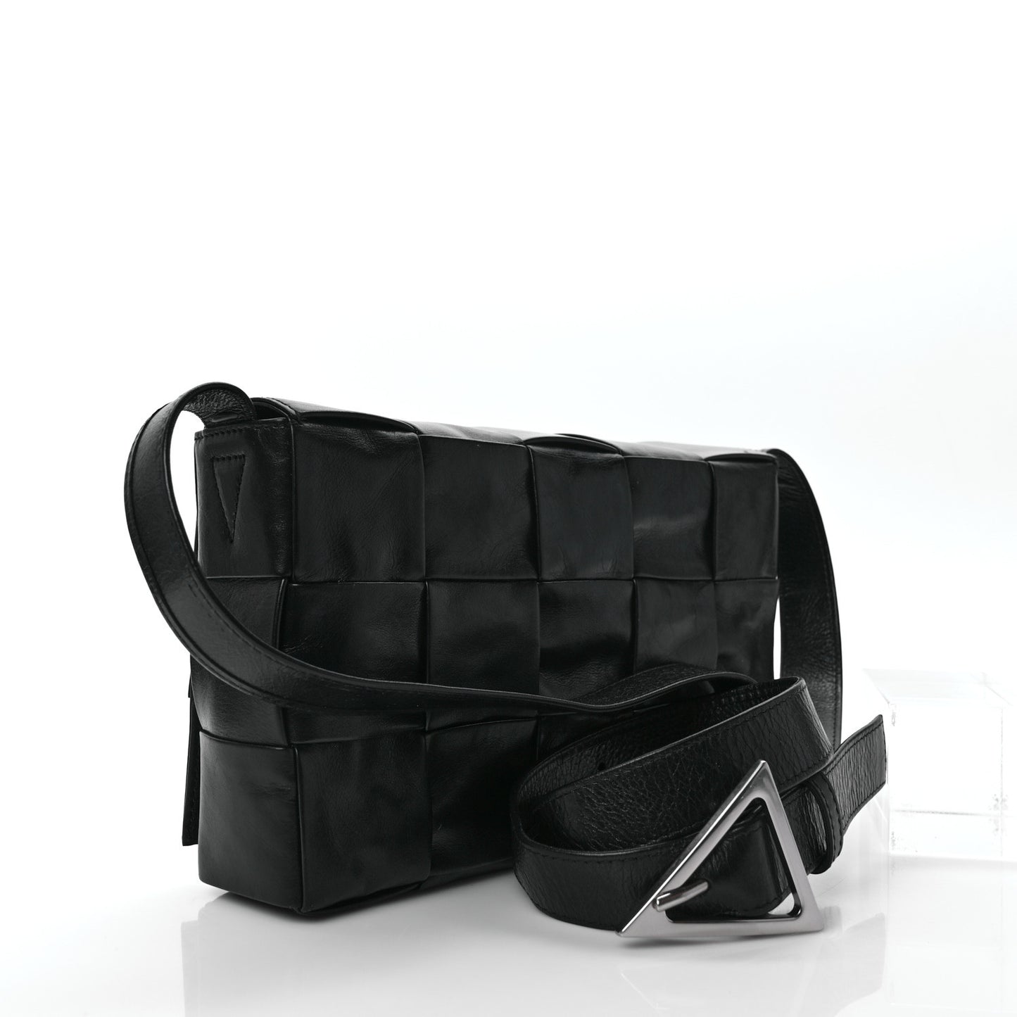 Paper Calfskin Maxi Intreccio Cassette Crossbody Bag Black