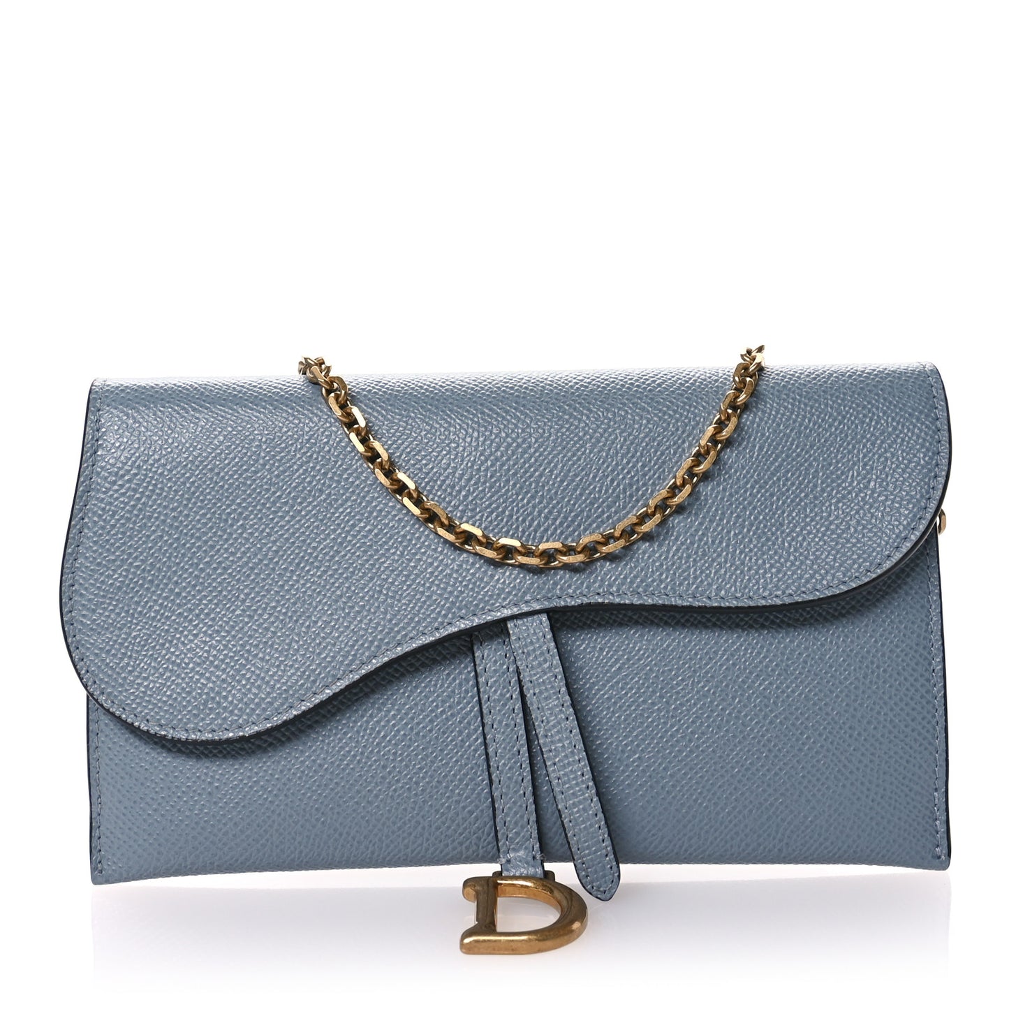 Grained Calfskin Saddle Chain Wallet Pouch Grey Stone