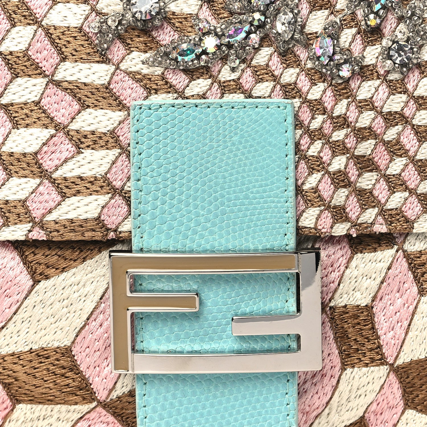 Fendi Fabric Lizard Crystal Embroidered Baguette Celeste 7 of 12