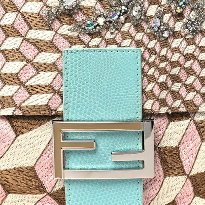 Fendi Fabric Lizard Crystal Embroidered Baguette Celeste 7 of 12