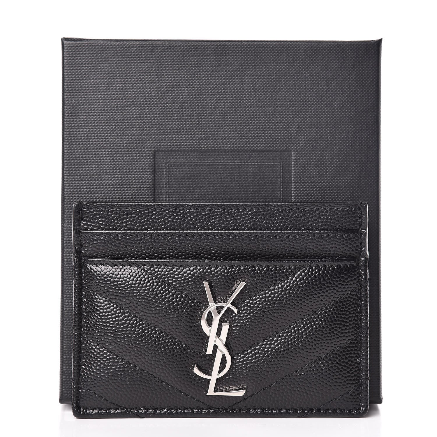 Saint Laurent Grain De Poudre Matelasse Chevron Monogram Credit Card Case Black 8 of 8