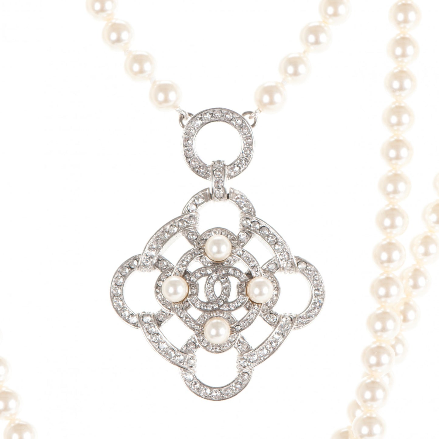 Pearl Crystal CC Multi Strand Necklace Silver