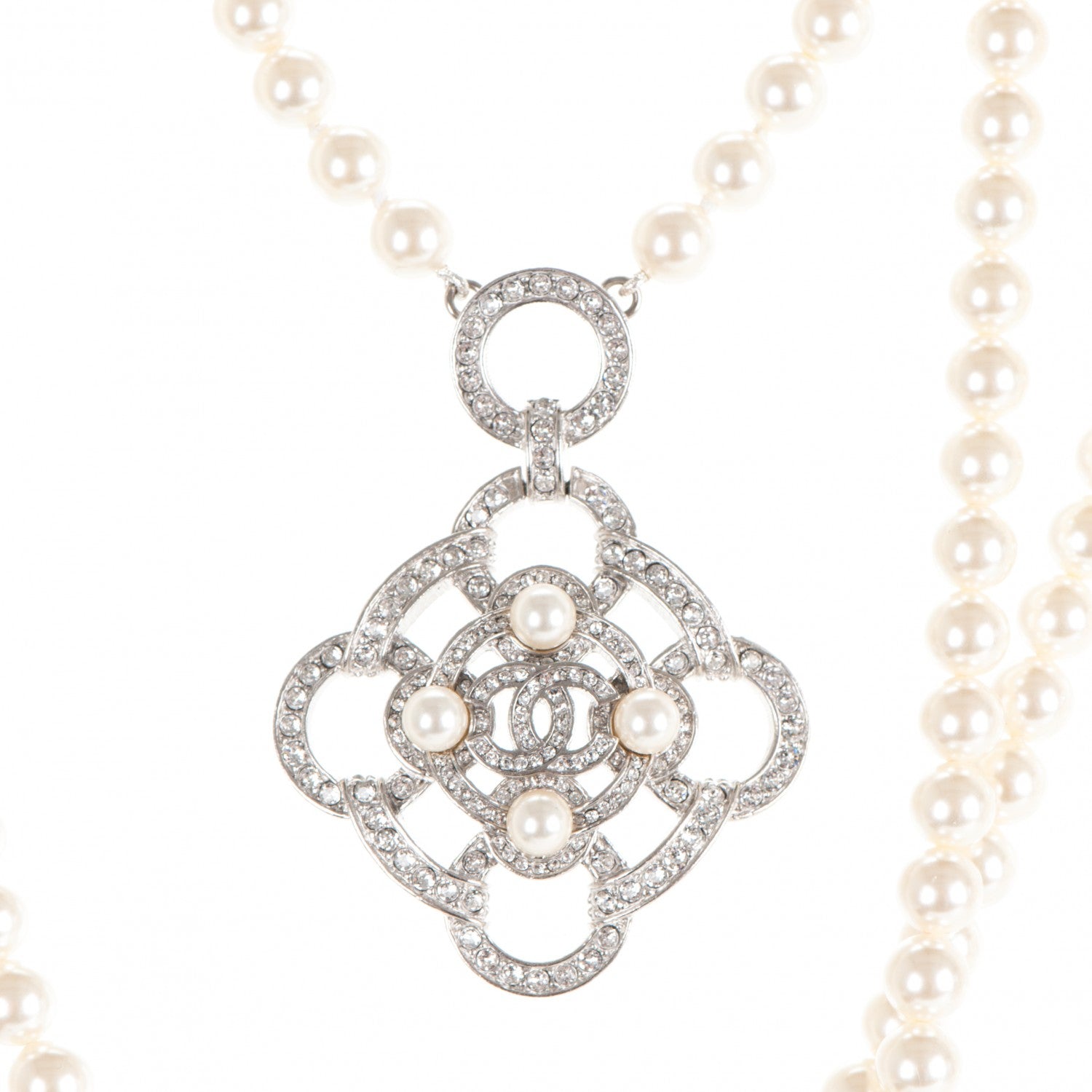 Chanel Pearl Crystal CC Multi Strand Necklace Silver 3 of 5