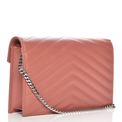 Saint Laurent Grain De Poudre Matelasse Chevron Monogram Envelope Chain Wallet Blush Fonce 3 of 12