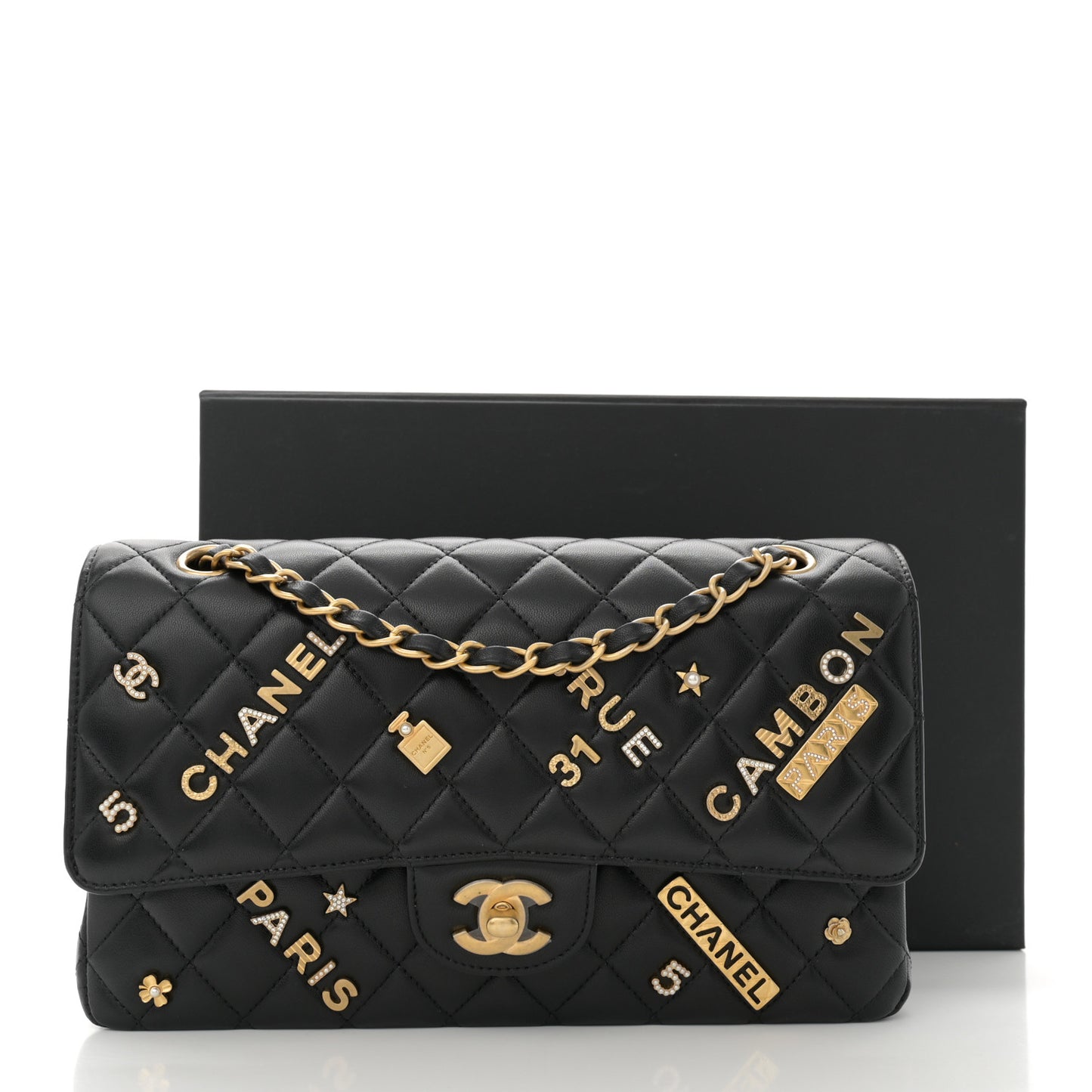 Lambskin Quilted Medium Rue Cambon Charms Double Flap Black