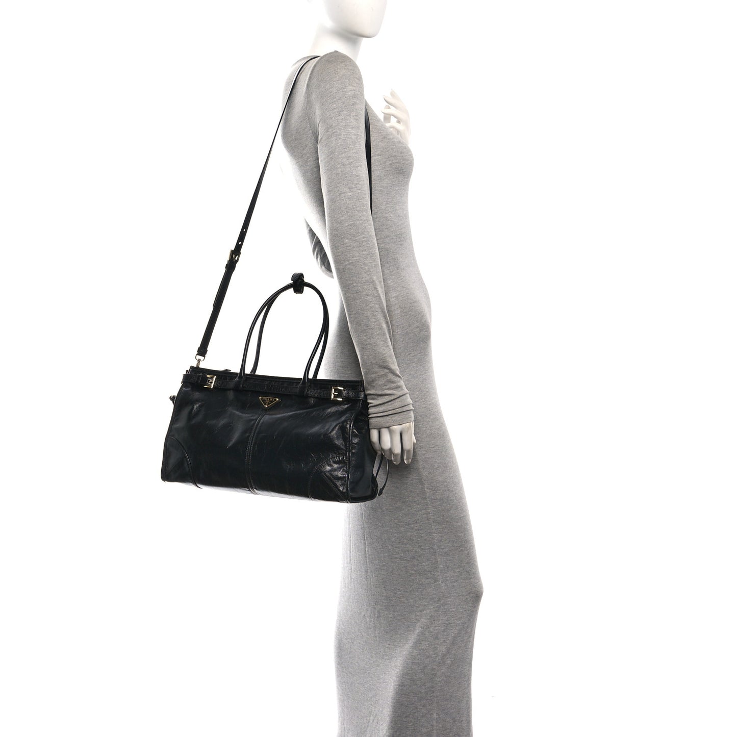 Glossy Calfskin Triangle Large Bonnie Shoulder Bag Black