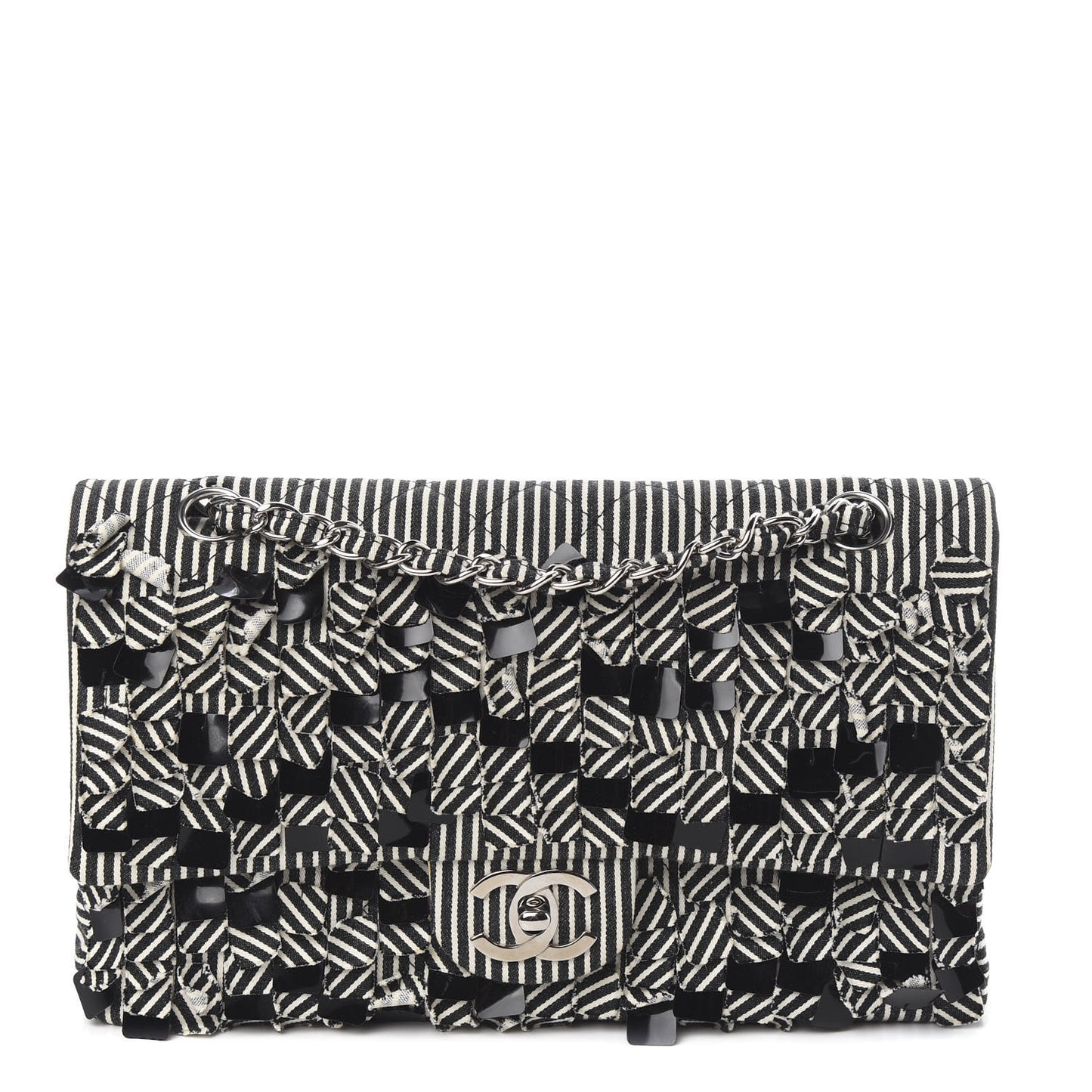 Canvas Sequin Stripe Medium Double Flap Black White