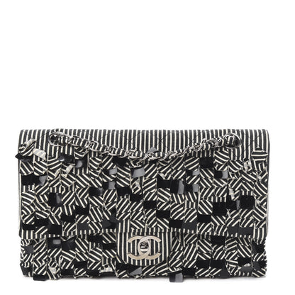 Chanel Canvas Sequin Stripe Medium Double Flap Black White 1 of 10