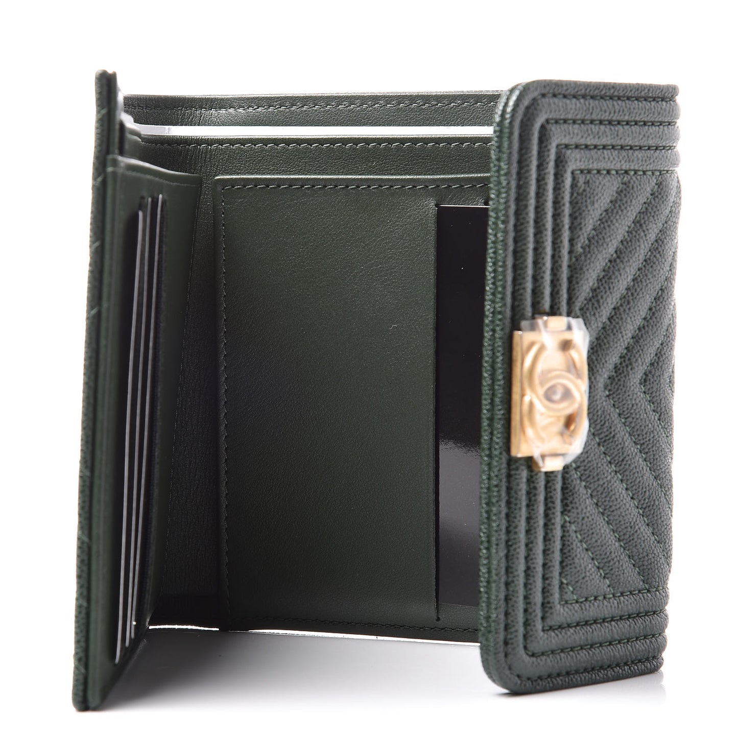 Caviar Chevron Quilted Boy Compact Wallet Dark Green