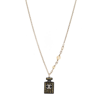 Chanel Resin Strass Perfume Bottle CC Necklace Black Gold 1 of 5