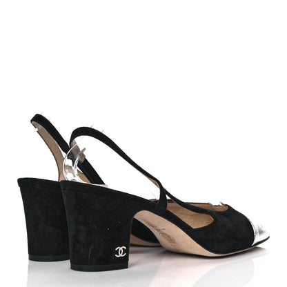Chanel Kid Suede Metallic Lambskin Cap Toe CC Slingback Pumps 37.5 Black Silver 4 of 8