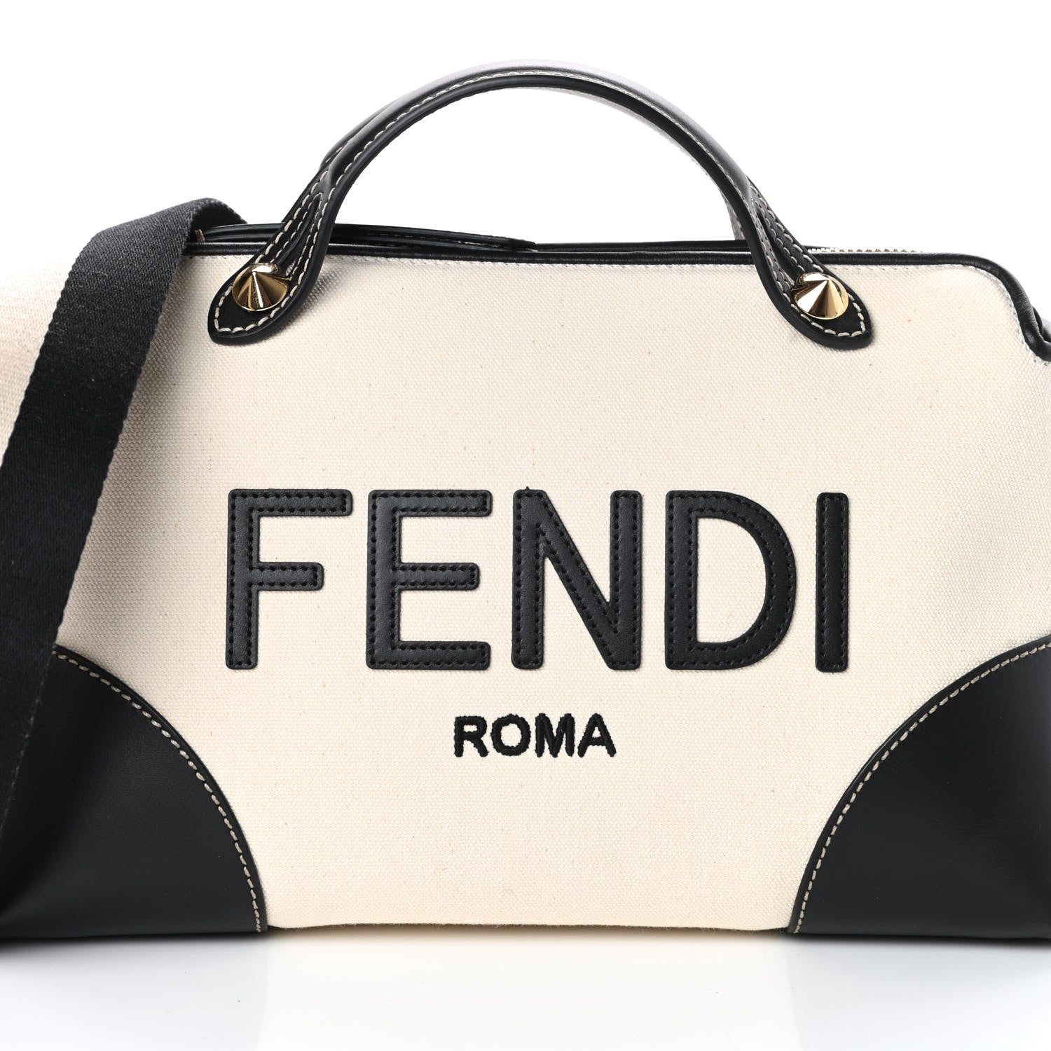 Fendi Canvas Vitello King Logo Embroidered Medium By The Way Boston Bag Grezzo Black 7 of 9