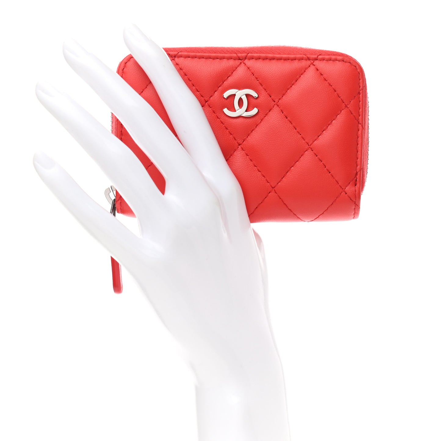 Lambskin Quilted Zip Around Coin Purse Wallet Light Red