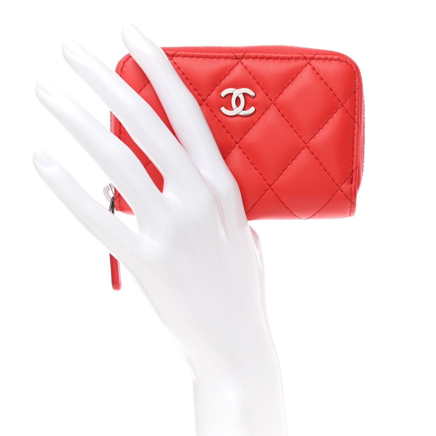 Chanel Lambskin Quilted Zip Around Coin Purse Wallet Light Red 2 of 8