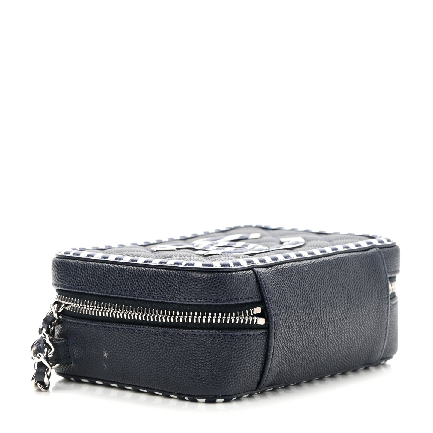 Caviar Quilted Striped Filigree Vanity Clutch With Chain Navy White