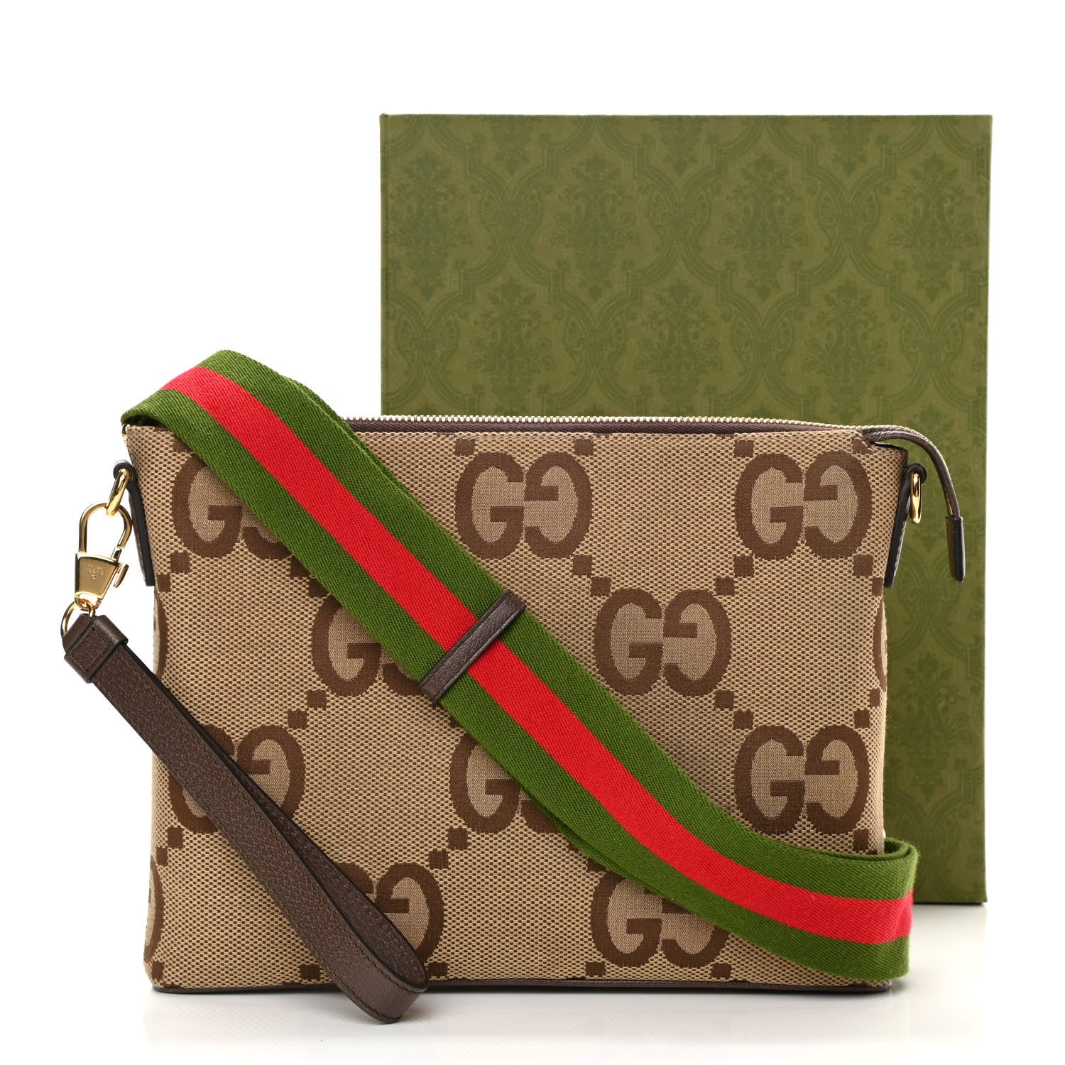 Gucci Monogram Jumbo GG Textured Dollar Calfskin Web Wristlet Messenger Bag Camel Ebony New Acero 12 of 12