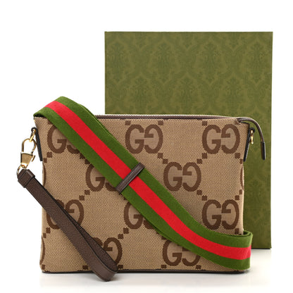 Gucci Monogram Jumbo GG Textured Dollar Calfskin Web Wristlet Messenger Bag Camel Ebony New Acero 12 of 12