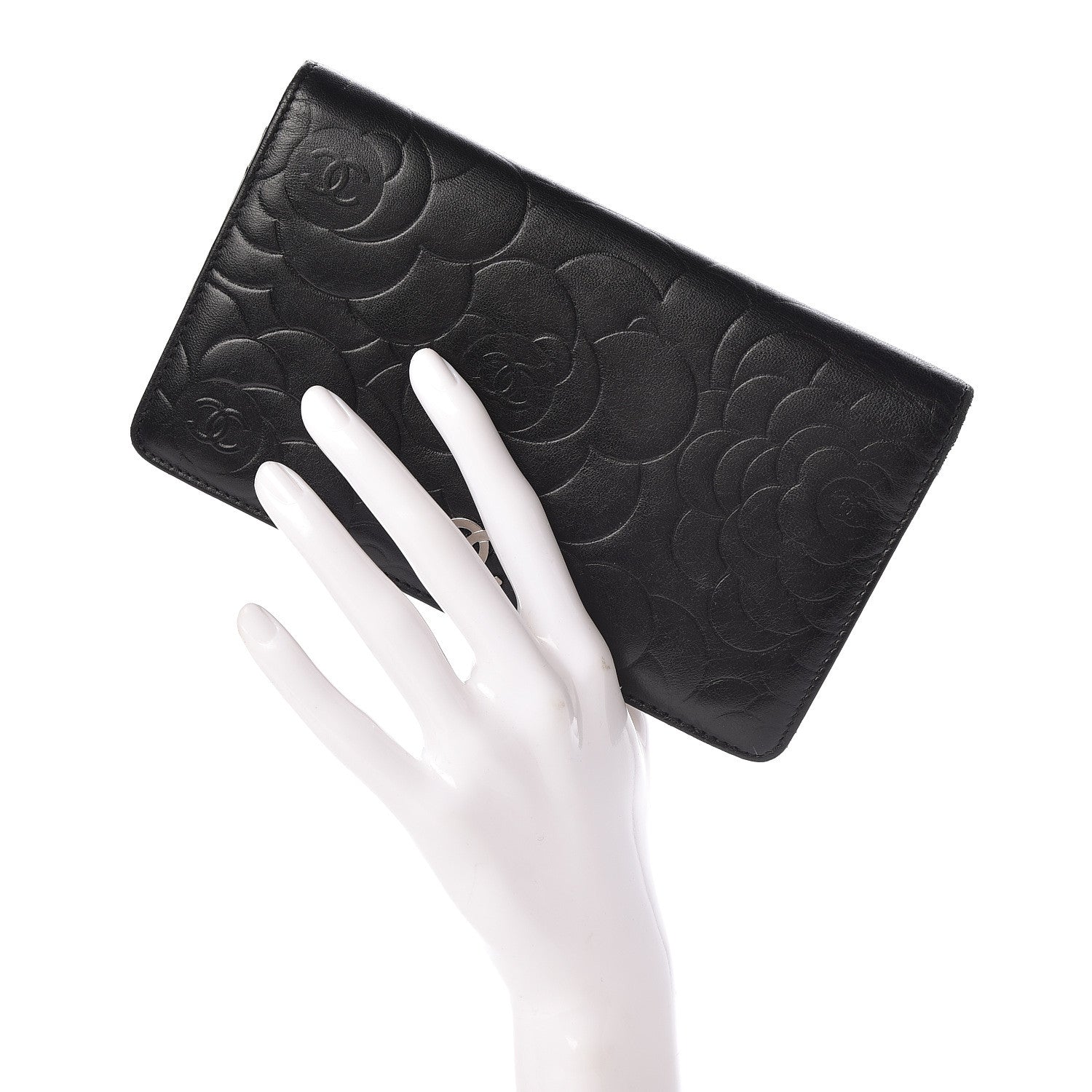 Chanel Lambskin Camellia Embossed Yen Wallet Black 2 of 14