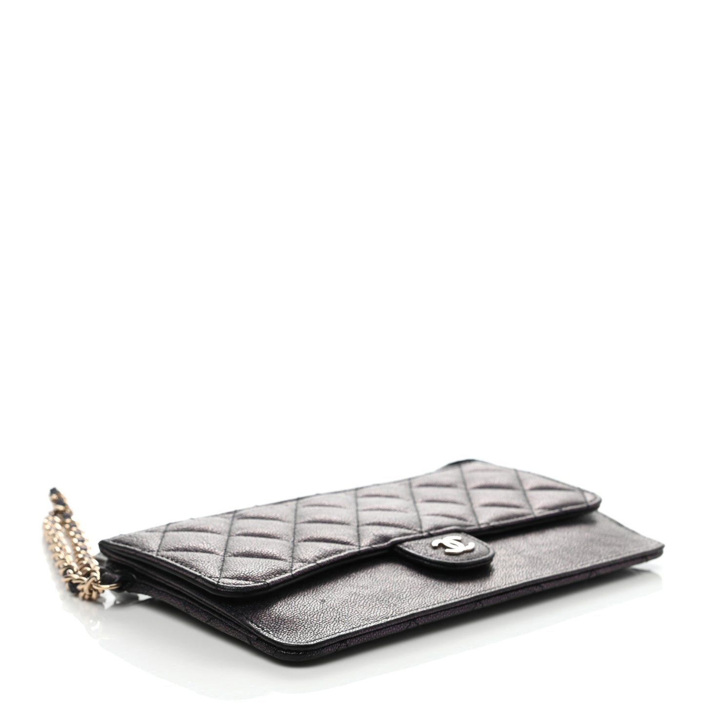 Iridescent Caviar Quilted Classic Pouch With Handle Black