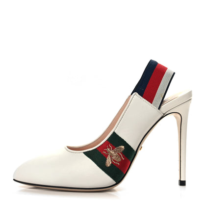 Gucci Malaga Kid Web Sylvie High Heel Slingback Pumps 38 White 1 of 8