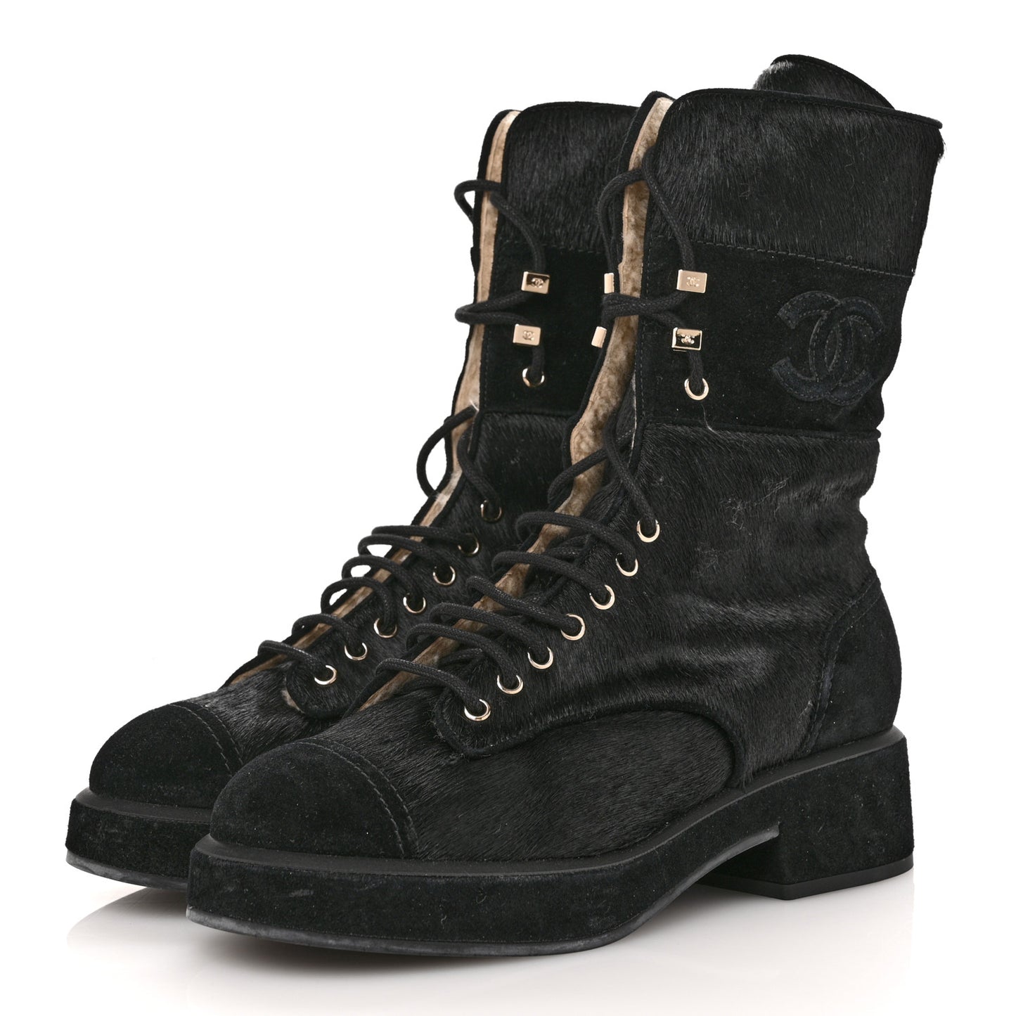 Suede Pony Hair Shearling Lace Up Combat Boots 40 Black