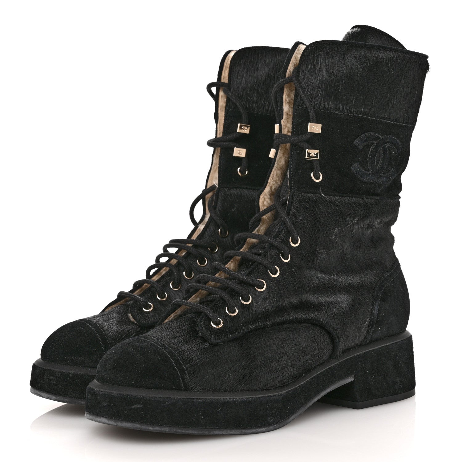 Chanel Suede Pony Hair Shearling Lace Up Combat Boots 40 Black 4 of 12