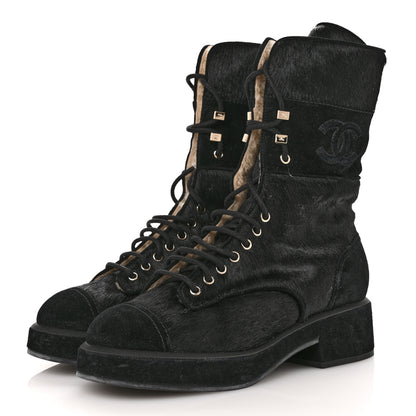 Chanel Suede Pony Hair Shearling Lace Up Combat Boots 40 Black 4 of 12