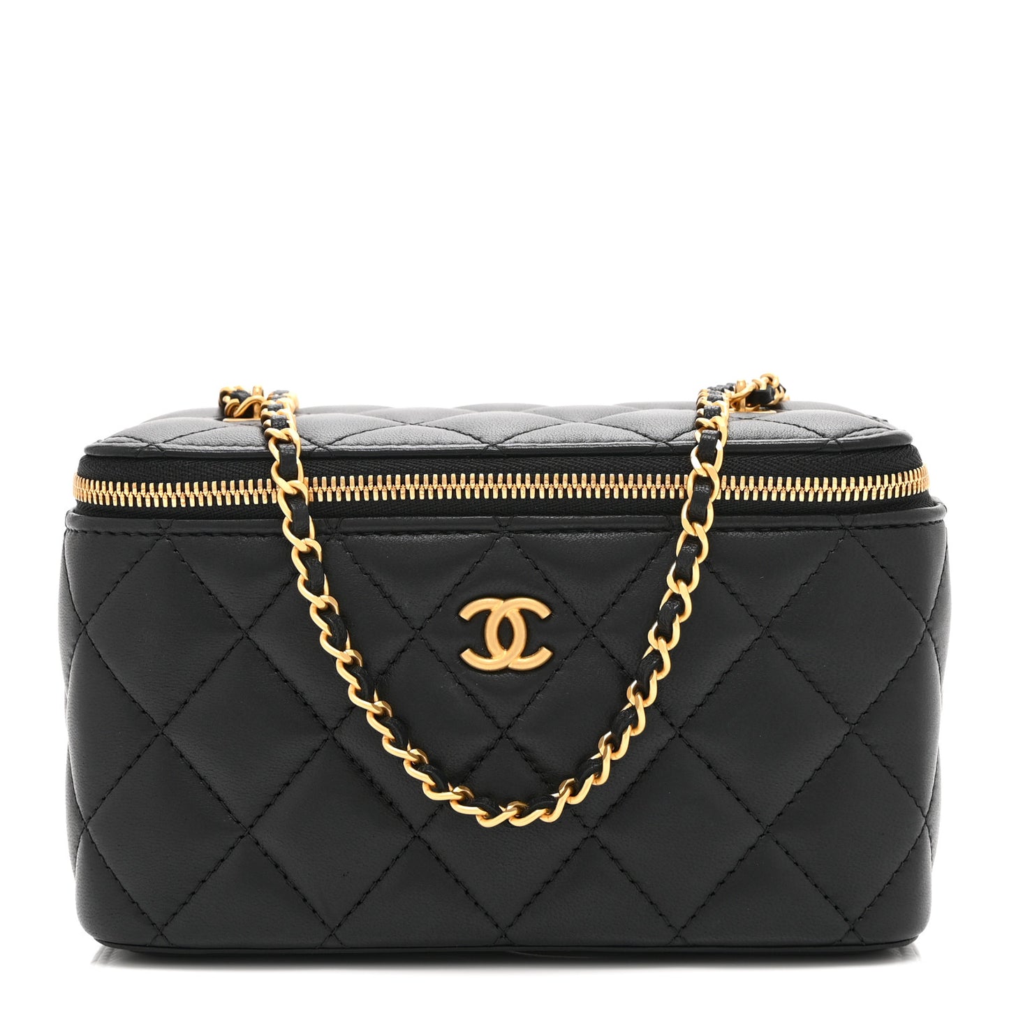 Lambskin Enamel Quilted Small Coco Hearts Vanity Case With Chain Black